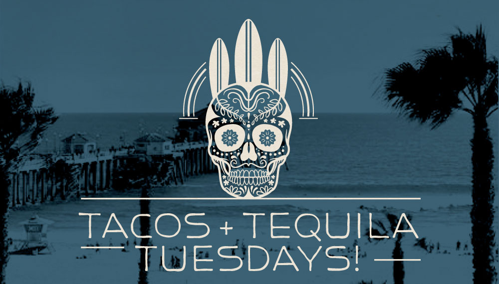 Taco + Tequila Tuesdays Flyer with drawing of a Latin skull and surfboards with a picture of the beach in the background